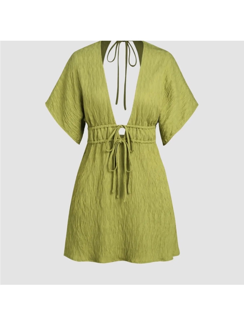 Cider Olive Tie-Waist V-Neck Mini Dress
